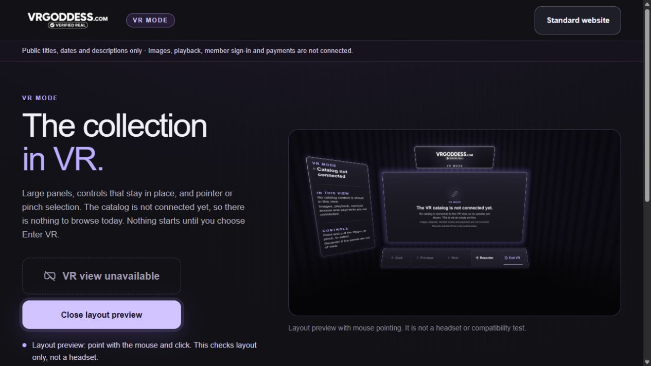 Work-in-progress VRGoddess interface with a dark screening-room style, violet accents and a browser preview of large VR panels and navigation controls.